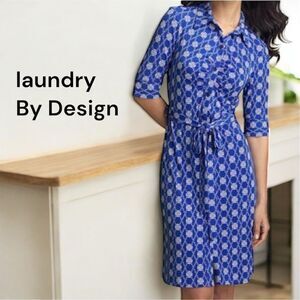 Laundry by Shelli Segal Blue White Chain Geo-Print Button Down Belt Shirt Dress